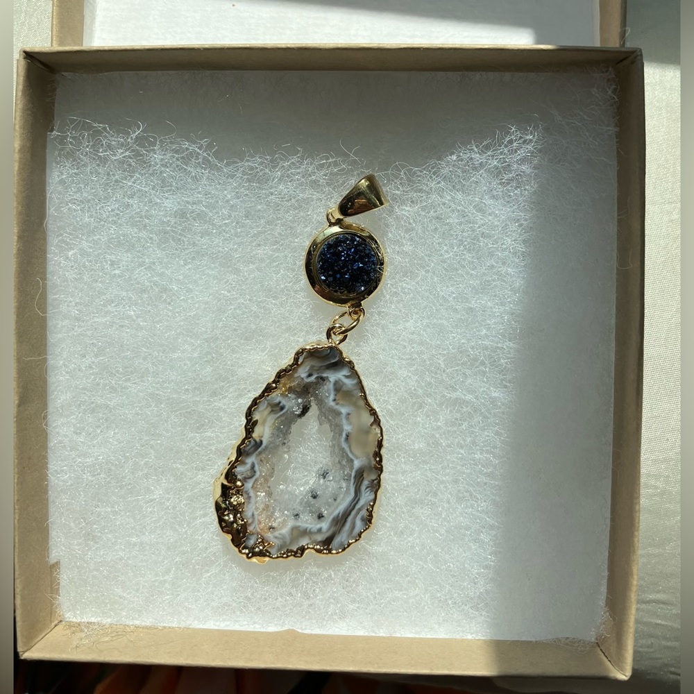 Gold Plated Oco Geode Slice w/ Metallicized Druzy Pendant 2.75" avg